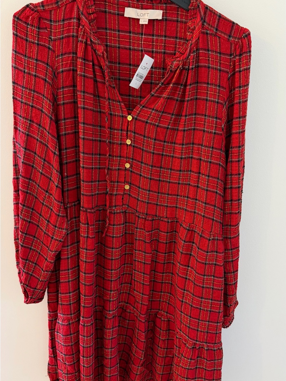 LOFT Red Plaid Button-Front Dress with Ruffle Neck Gold Buttons XL